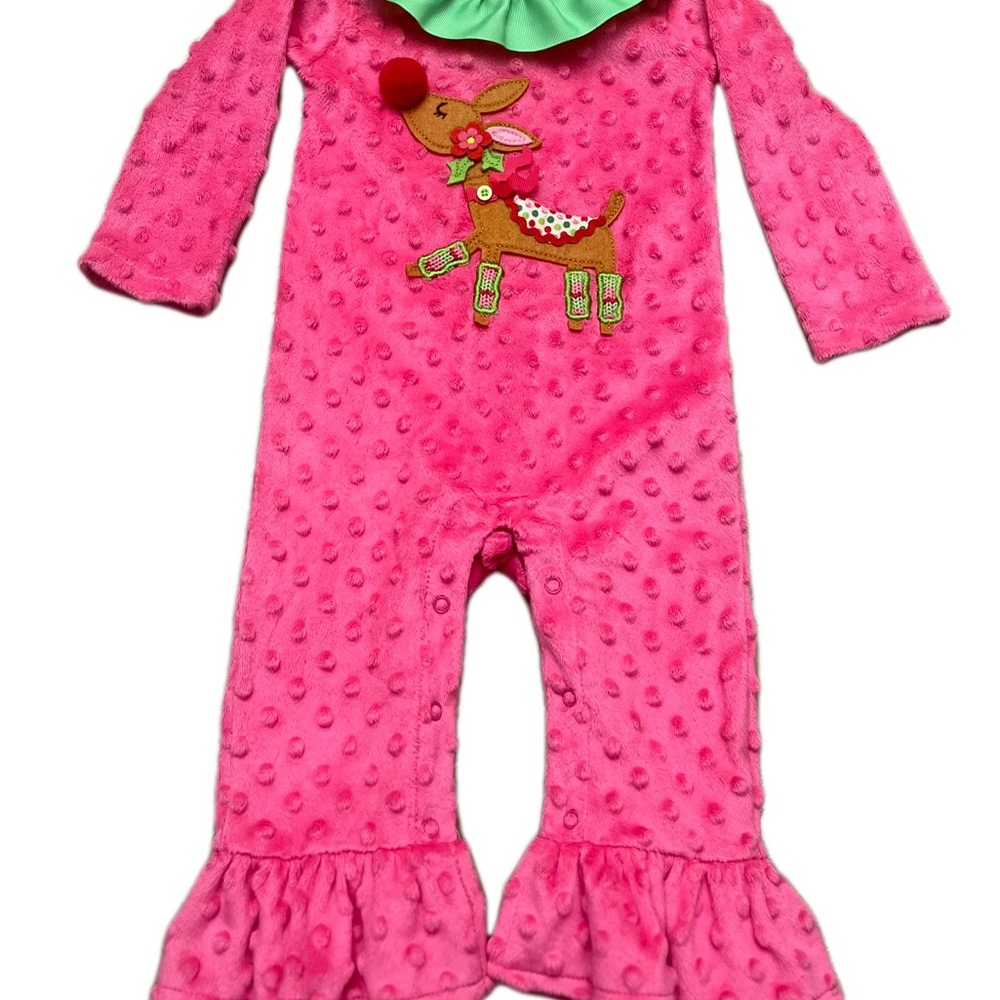 Mud Pie EUC Girls Pink Minky Dot Reindeer One Piece Size 9-12m - Picture 5 of 8